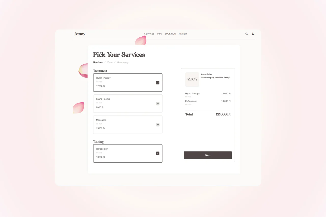 BeautySalon booking step for picking services, with a running appointment summary and total