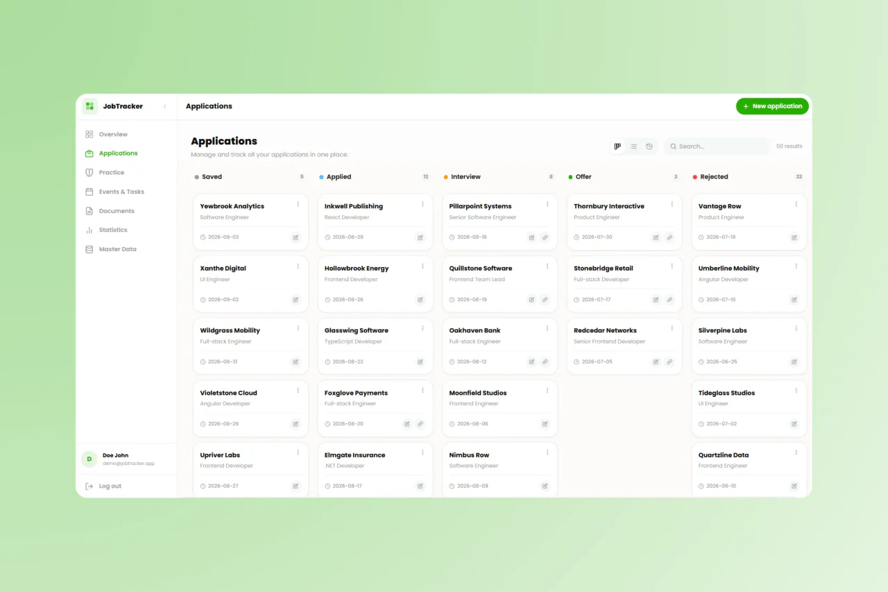 JobTracker applications board with Saved, Applied, Interview, Offer and Rejected columns