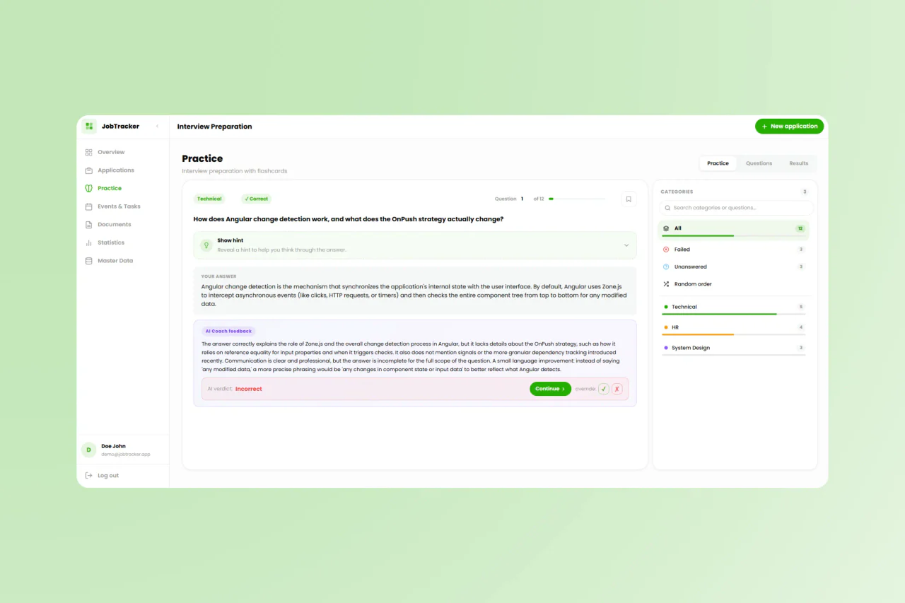 JobTracker interview practice question with a written answer and AI coach feedback
