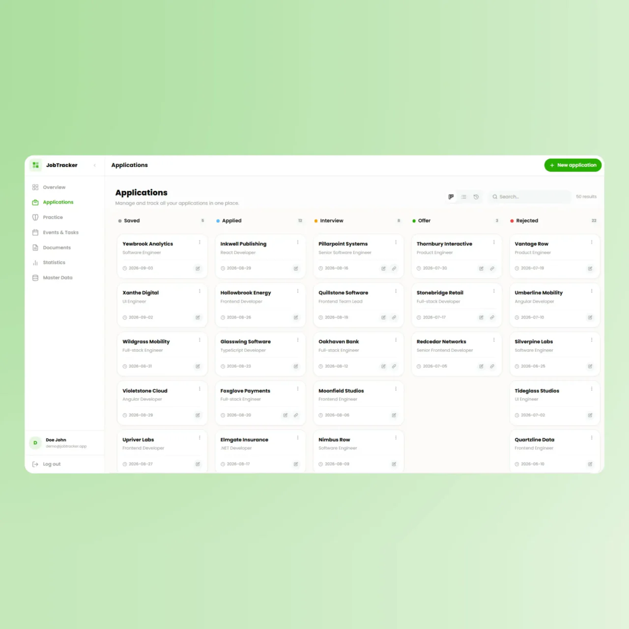 JobTracker applications board with a column for each hiring stage