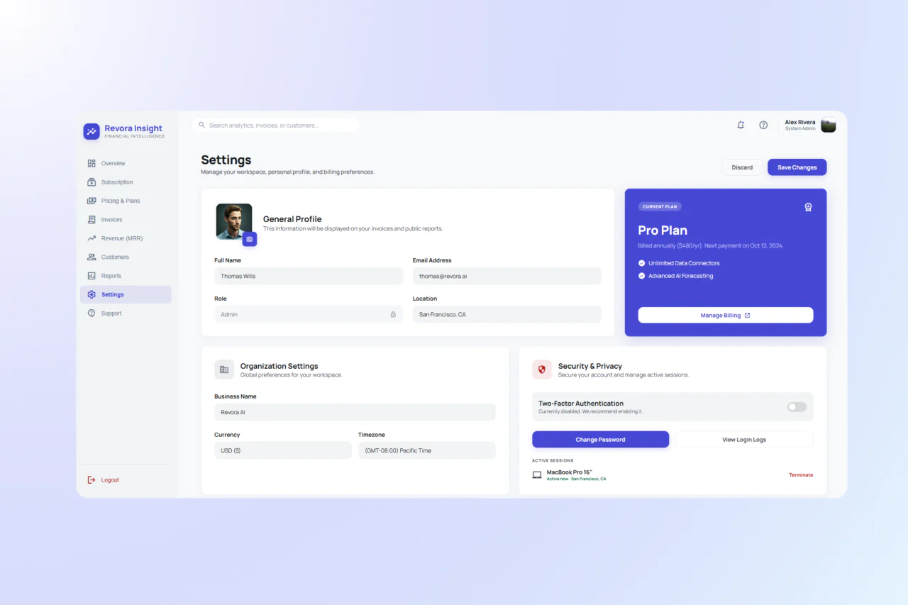 Revora settings page with profile, organization, plan and security panels