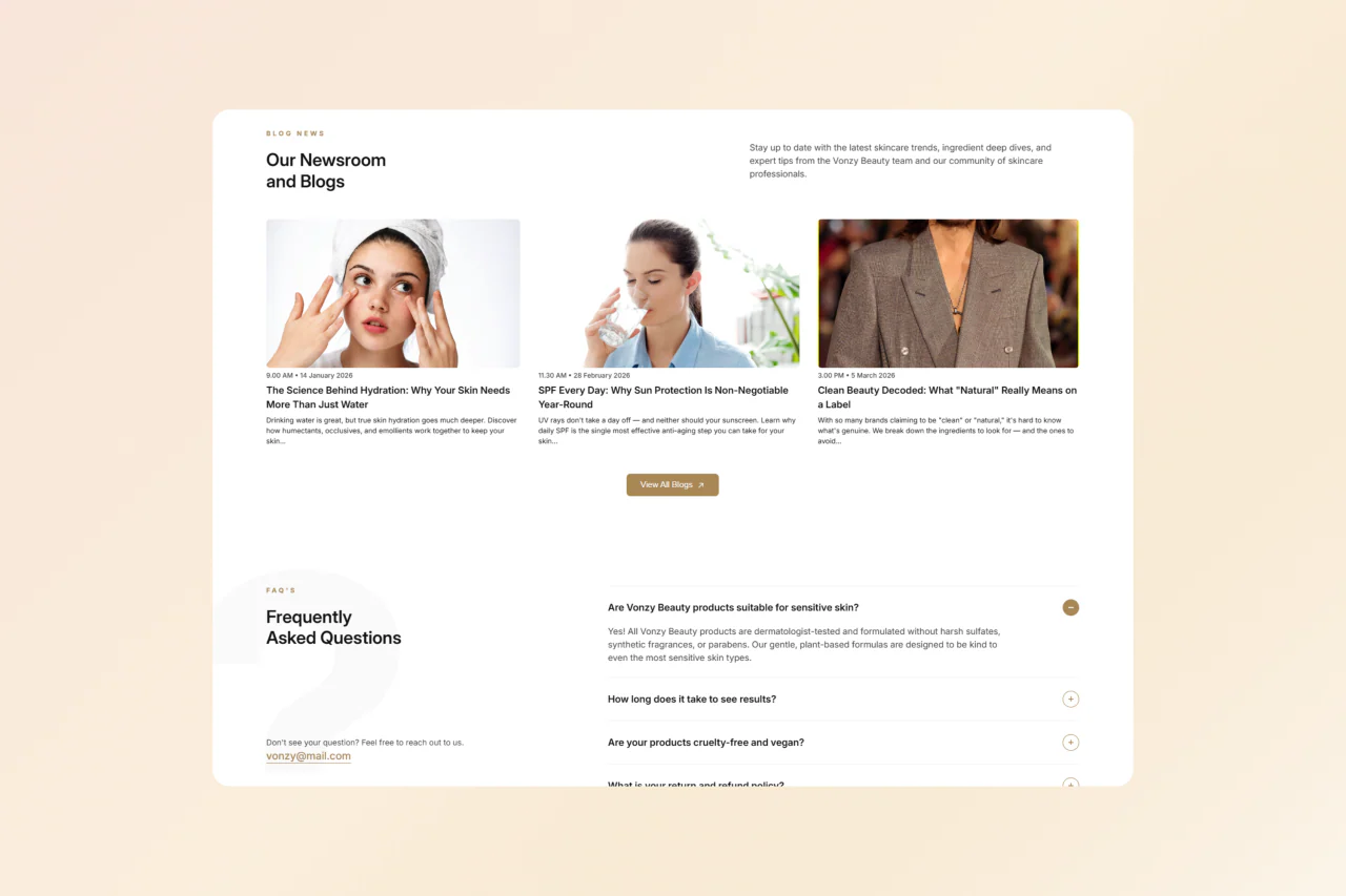 Vonzy Beauty newsroom with blog cards and an expandable FAQ
