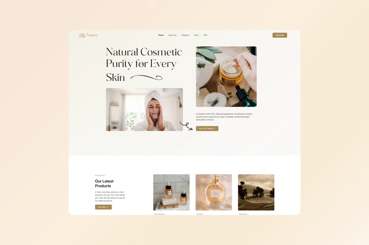 Vonzy Beauty landing page with the headline "Natural Cosmetic Purity for Every Skin" and product photography