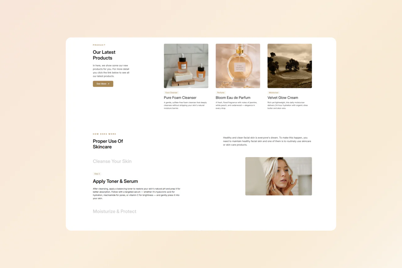 Vonzy Beauty product showcase and step-by-step skincare section